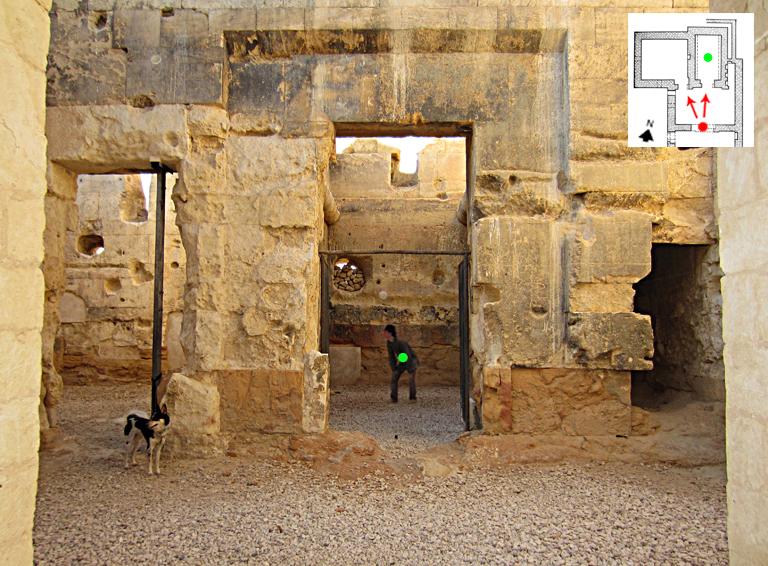 4.  Reaching the rear of the structure, one can move forward into the Oracle Sanctuary (the room for asking the question of the god), or left/forward into the 'Receiving Room', where one would receive the answer written in hieroglyphics, as delivered by the Ancient Egyptian priest. (green dot/person = Oracle. dog = Receiving Room.)
