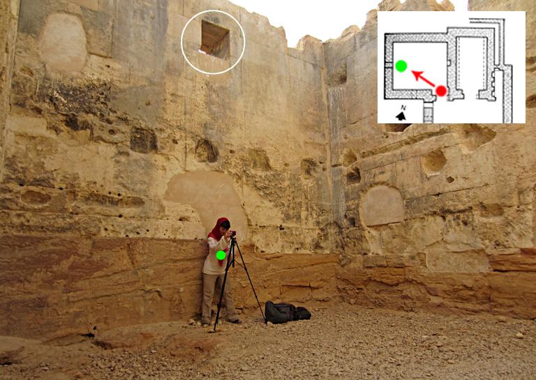 7.  We now leave the Oracular Sanctuary and move into the Receiving Room.   Note the 'window' high up on the western wall (circled). This is the same opening that we saw below the sun through the sanctuary 'window' in figure 6 and from the outside of the structure in figure 2.  R. Iwata is facing east, toward the wall which the setting sun shines on, and contains the head-height sanctuary 'window' that we saw in figures 5 and 6.