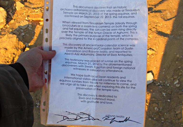 Discovery declaration, signed before being buried in a bottle at the site, in the classic explorer style....